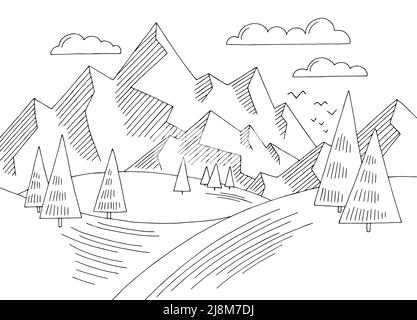 Mountain hill simple graphic black white landscape sketch illustration vector Stock Vector