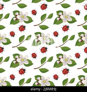 Seamless pattern with red ladybug and cherry flowers on branch with leaves on background. Print of spring decoration, flowering fruit tree plant. Vector flat illustration Stock Vector