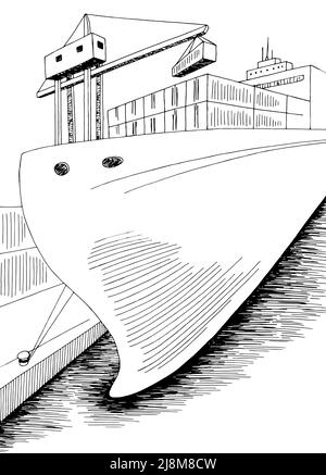 Port loading dry cargo ship graphic black white sea landscape sketch ...