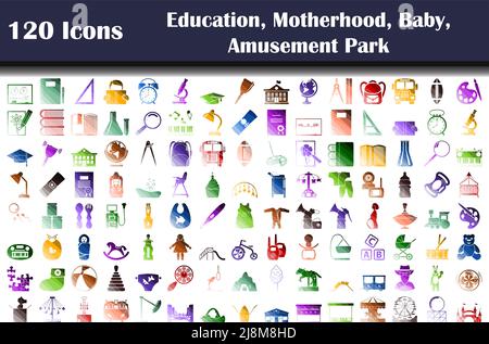 Set of 120 icons. Education, Motherhood, Baby, Amusement Park themes. Flat Color Ladder Design. Vector Illustration. Stock Vector
