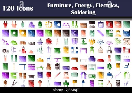 Set of 120 icons. Furniture, Energy, Electrics, Soldering themes. Flat Color Ladder Design. Vector Illustration. Stock Vector