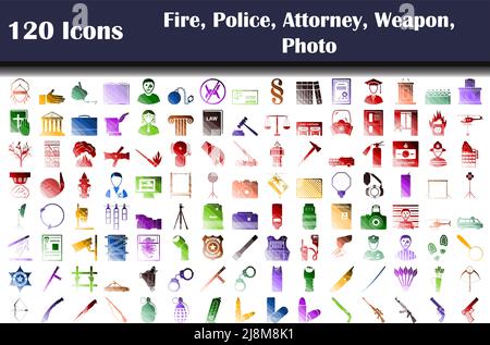 Set of 120 icons. Fire, Police, Attorney, Weapon, Photo themes.  Flat Color Ladder Design. Vector Illustration. Stock Vector