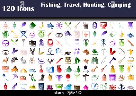 Set of 120 icons. Fishing, Travel, Hunting, Camping themes. Flat Color Ladder Design. Vector Illustration. Stock Vector