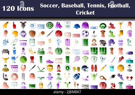 Set of 120 icons. Soccer, Baseball, Tennis, American Football, Cricket  themes. Flat Color Ladder Design. Vector Illustration. Stock Vector