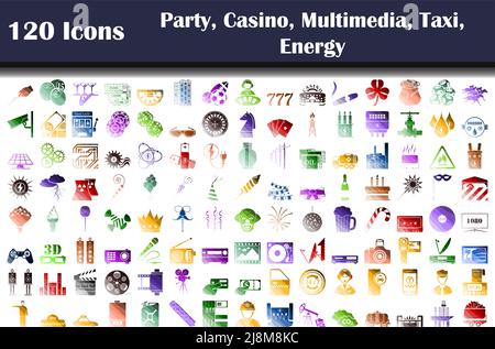 Set of 120 icons. Party, Casino, Multimedia, Taxi, Energy themes. Flat Color Ladder Design. Vector Illustration. Stock Vector