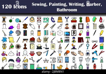 Set of 120 icons. Sewing, Painting, Writing, Barber, Bathroom themes. Editable Bold Outline With Color Fill Design. Vector Illustration. Stock Vector