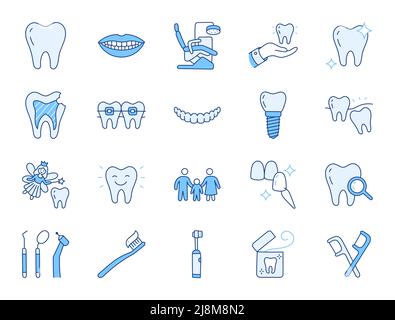 Dental clinic doodle illustration including icons - veneer, teeth whitening, braces, implant, electric toothbrush, caries, floss, mouth. Thin line art Stock Vector
