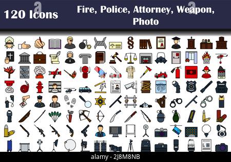 Set of 120 icons. Fire, Police, Attorney, Weapon, Photo themes. Editable Bold Outline With Color Fill Design. Vector Illustration. Stock Vector
