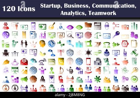 Set of 120 icons. Startup, Business, Communication, Analytics, Teamwork themes. Flat Color Ladder Design. Vector Illustration. Stock Vector