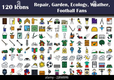 Set of 120 icons. Repair, Garden, Ecology, Weather, Football Fans themes.  Editable Bold Outline With Color Fill Design. Vector Illustration. Stock Vector