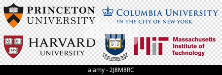 Vinnytsia, Ukraine - May 16, 2022: Famous American universities logos. Princeton University, Columbia University, Harvard University, Massachusetts In Stock Vector