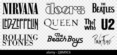 Vinnytsia, Ukraine - May 16, 2022:  The most famous music bands. The Rolling Stones, The Beatles, Queen, The Doors, Nirvana, The Who, U2, Led Zeppelin Stock Vector