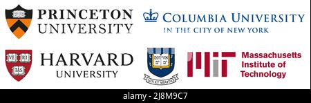 Vinnytsia, Ukraine - May 16, 2022: The top 5 famous American universities logos. Princeton University, Columbia University, Harvard University, Massac Stock Vector