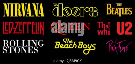 Vinnytsia, Ukraine - May 16, 2022:  The most famous music bands logos. The Rolling Stones, The Beatles, Queen, The Doors, Nirvana, The Who, U2, Led Ze Stock Vector