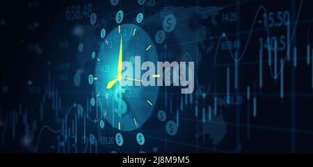 Illustration of Clock with dollar icon on business financial stock exchange screen display. Time is money, Business financial idea, Investment. Stock Photo