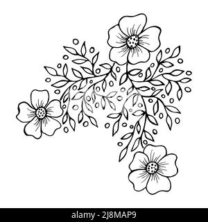 Sketch cute sakura branch hand drawn. Black floral outlines on white background for coloring book page. Vector flowers with leaves in doodle style. Stock Vector