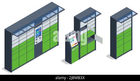 Isometric parcel locker. Postman and locker with digital panel for password. The chain of autonomous postal points for self-receipt and sending of Stock Vector