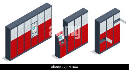 Isometric parcel locker. Postman and locker with digital panel for password. The chain of autonomous postal points for self-receipt and sending of Stock Vector