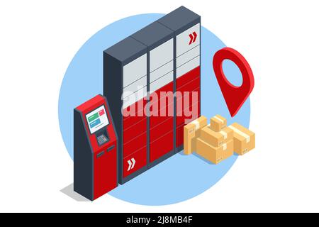 Isometric parcel locker. Postman and locker with digital panel for password. The chain of autonomous postal points for self-receipt and sending of Stock Vector