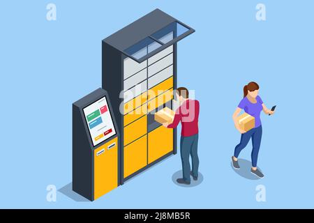 Isometric parcel locker. Postman and locker with digital panel for password. The chain of autonomous postal points for self-receipt and sending of Stock Vector