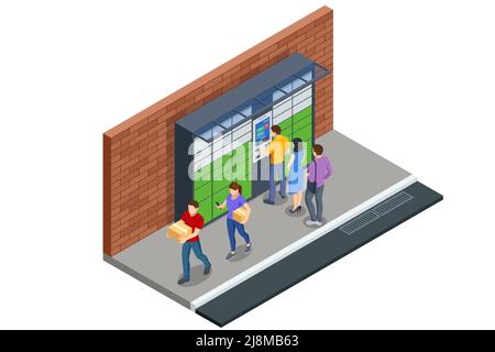 Isometric parcel locker. Postman and locker with digital panel for password. The chain of autonomous postal points for self-receipt and sending of Stock Vector