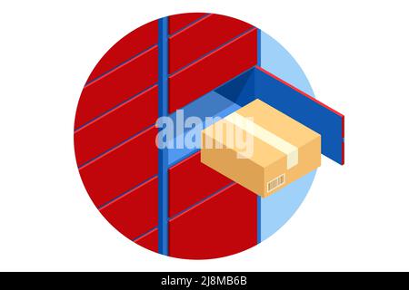 Isometric parcel locker. Postman and locker with digital panel for password. The chain of autonomous postal points for self-receipt and sending of Stock Vector