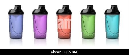 Set of protein shaker bottles isolated on white background. Colorful plastic container for mixing protein drinks. Empty multicolored shakers cutout. Stock Photo
