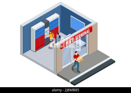 Isometric parcel locker. Postman and locker with digital panel for password. The chain of autonomous postal points for self-receipt and sending of Stock Vector