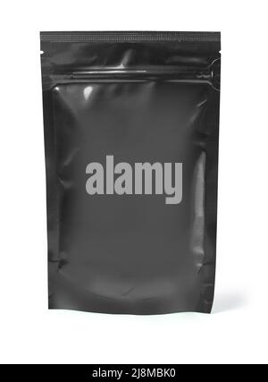 Black foil doypack stand up packaging pouch with zipper on white background with clipping path Stock Photo