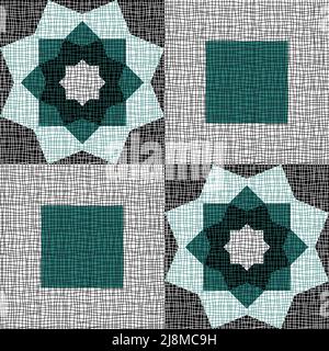 Seamless vector pattern with square flower texture on teal blue background. Simple floral patchwork wallpaper design. Stock Vector