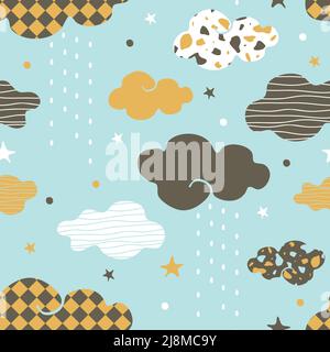 Seamless vector pattern with textured clouds on blue background. Simple happy weather wallpaper design. Decorative rainy sky fashion textile. Stock Vector