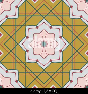 Seamless vector pattern with floral wall tile on yellow background. Simple geometrical Moroccan wallpaper design. Decorative vintage fashion textile. Stock Vector