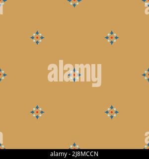 Seamless vector pattern with simple geometrical flower on yellow background. Vintage floral mosaic tile. Decorative wallpaper design. Stock Vector