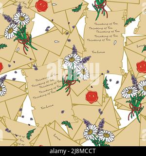 Seamless vector pattern with vintage love letters on white background. Romantic decorative wallpaper design. Valentine day fashion textile. Stock Vector