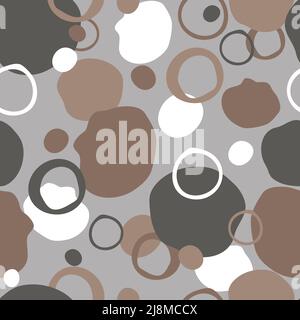 Seamless vector pattern with brown paint stains on grey background. Simple artistic wallpaper texture. Decorative splatter fashion textile. Stock Vector