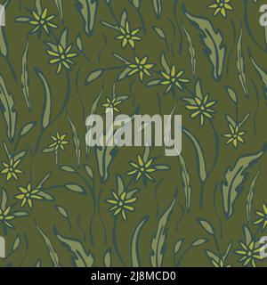 Seamless vector pattern with grass meadow on green background. Nature wildflower wallpaper design. Floral fashion textile. Stock Vector