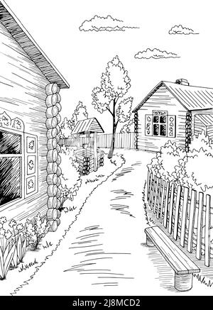 Old village graphic black white rural vertical landscape sketch illustration vector Stock Vector