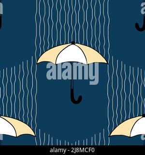 Seamless vector  pattern with yellow umbrellas on blue background. Decorative weather wallpaper design. Rainy season fashion textile. Stock Vector