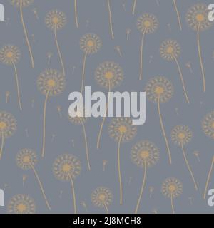 Seamless vector pattern with gentle dandelions on blue background. Simple soft wallpaper design. Modern floral fashion textile. Stock Vector