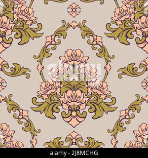 Seamless vector pattern with romantic flower on light blue background. Rococo floral wallpaper design. Decorative damask fashion textile. Stock Vector