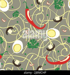 Seamless vector pattern noodle soup on grey background. Tasty food wallpaper design with mushrooms and hot chillies. Stock Vector