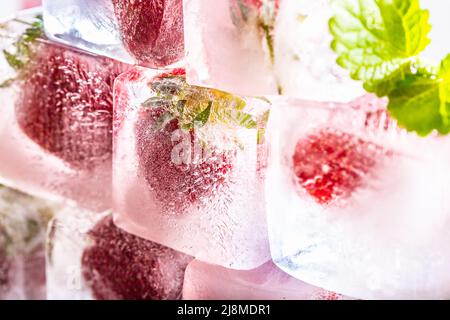 Fresh strawberries frozen in ice cubes with melissa leaves. Stock Photo