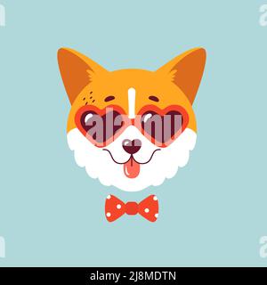 Cute corgi face with heart shaped sunglasses and bow tie. Vector print isolated on clean background. Funny dog illustration. Stock Vector