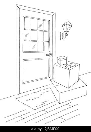 Parcels on the porch by the door graphic vertical black white sketch illustration vector Stock Vector