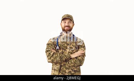 Portrait of happy army doctor in camouflage uniform isolated on white background Stock Photo