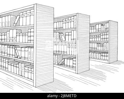 Library shelf graphic black white interior sketch illustration vector Stock Vector