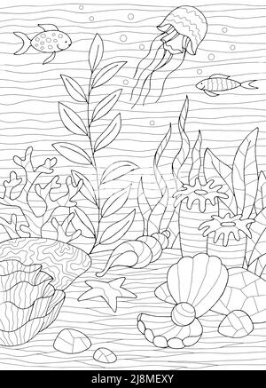 Underwater coloring graphic sea black white vertical sketch illustration vector Stock Vector