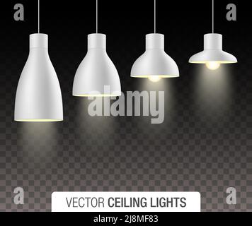 Vector set of illuminated white ceiling light shades, isolated on transparent background. Stock Vector