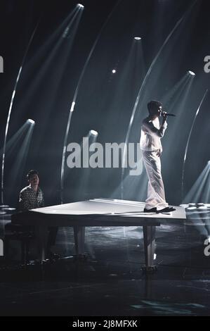 TORINO, PALA OLIMPICO, MAY 10th/12th/14th 2022: Mahmoud and Blanco, representing Italy, performing live on stage for the 66th edition of the Eurovision Song Contest. Stock Photo
