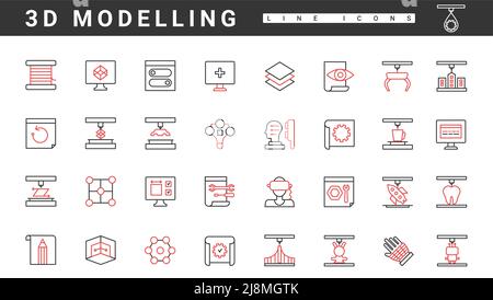 3d model printing and construction, thin red and black line icons set vector illustration. Future science products development and creation process by laser machines and software isolated white Stock Vector